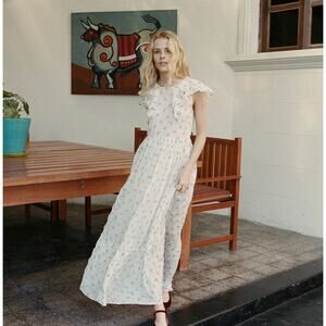Doen Flora Salt White Embroidered Floral Sheer Ruffle Maxi Dress Size Small